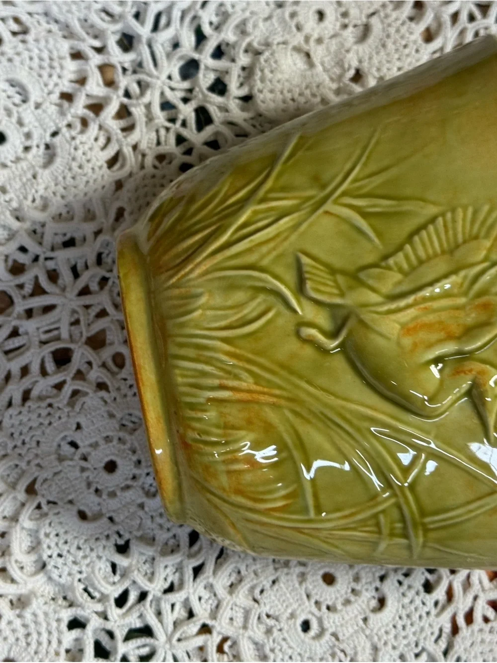 Vintage Yellow-Green Ceramic Bird Relief Planter